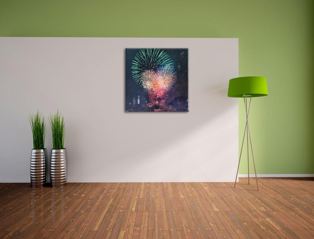 Boot auf See Feuerwerk, Format: 70x70 auf Leinwand, XXL riesige Bilder fertig gerahmt mit Keilrahmen