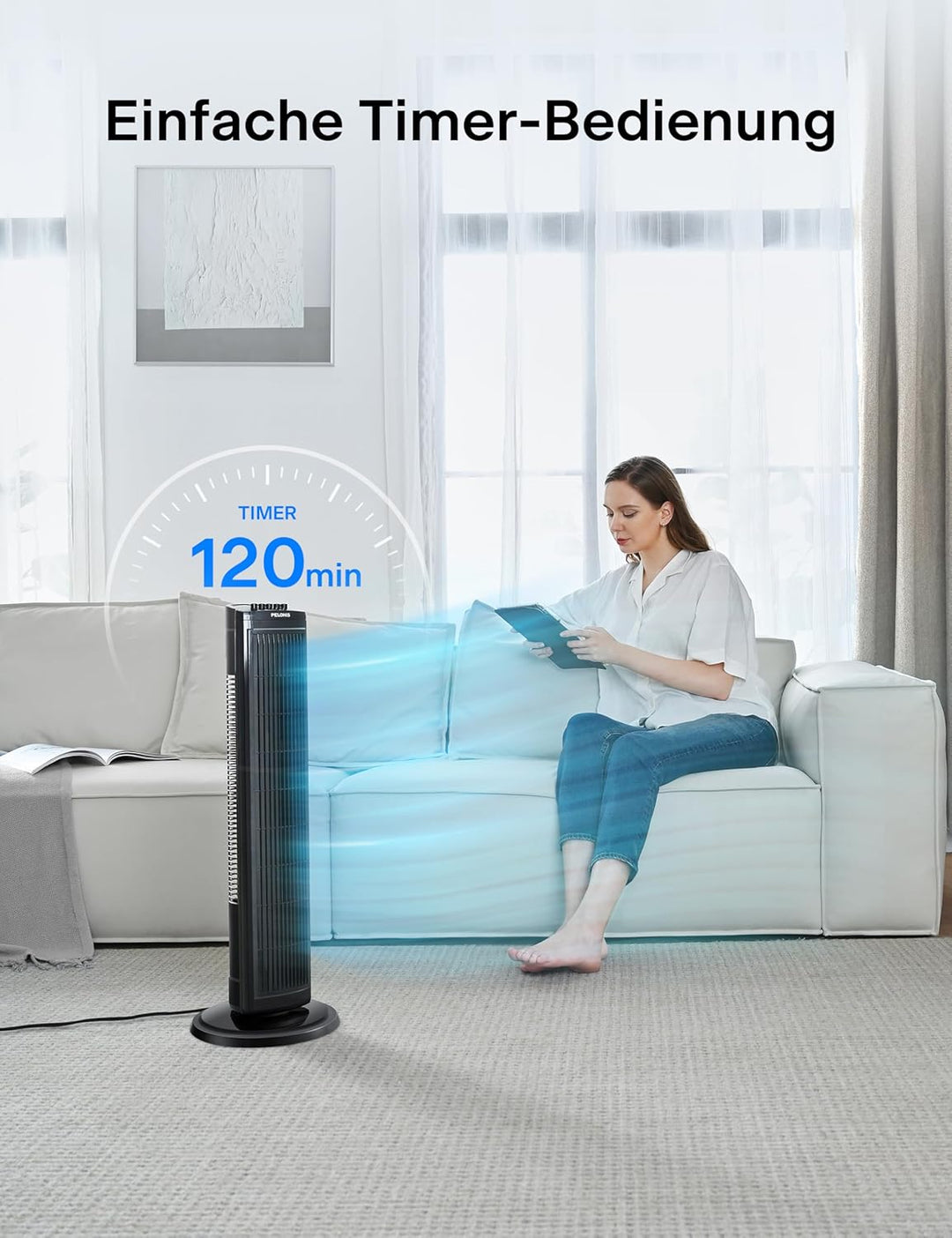 PELONIS 76 cm Oszillierender Turmventilator, 3 Geschwindigkeitsstufen, 8H Timer, Leiser & Platzspare
