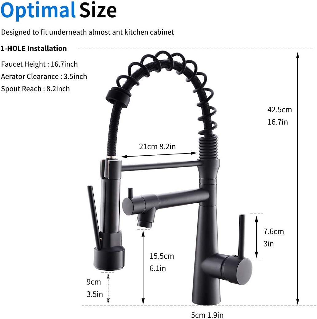 TIMACO Wasserhahn Küche Schwarz - 360° schwenkbar mit Spiralfeder Brause ausziehbar Gastro Hochdruck