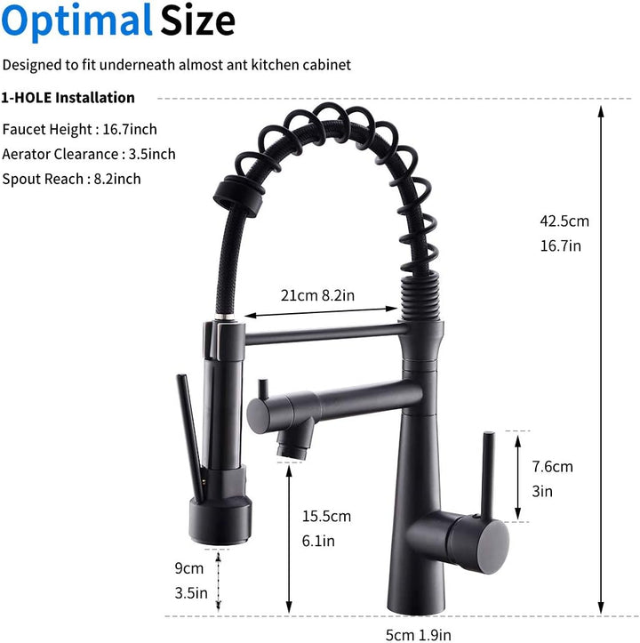 TIMACO Wasserhahn Küche Schwarz - 360° schwenkbar mit Spiralfeder Brause ausziehbar Gastro Hochdruck