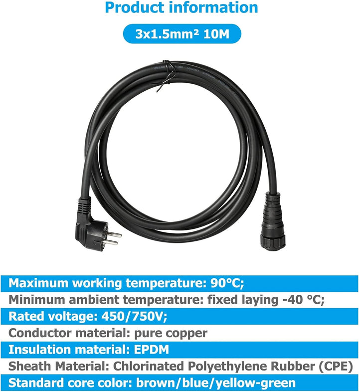 DEWIN AC-Kabel, 10m 3 x 1,5 mm² Solar-Photovoltaik-Mikro-Wechselrichter AC-Netzkabel EU-Stecker für