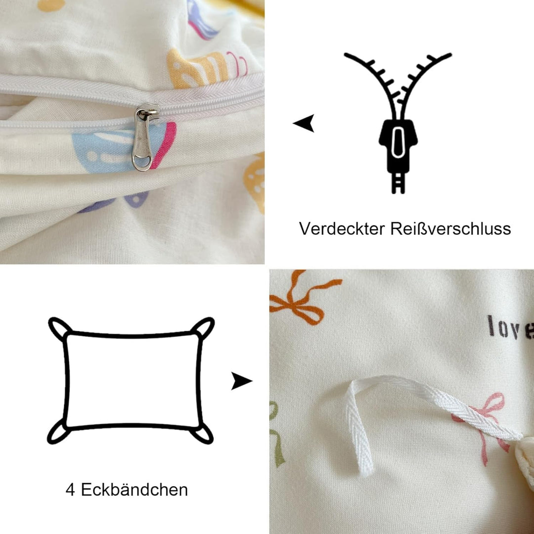 Freyamy Kinder Bettwäsche 100x135cm 2teilig Beige Bunt Schmetterling Mädchen Bettwaren-Sets Schmette