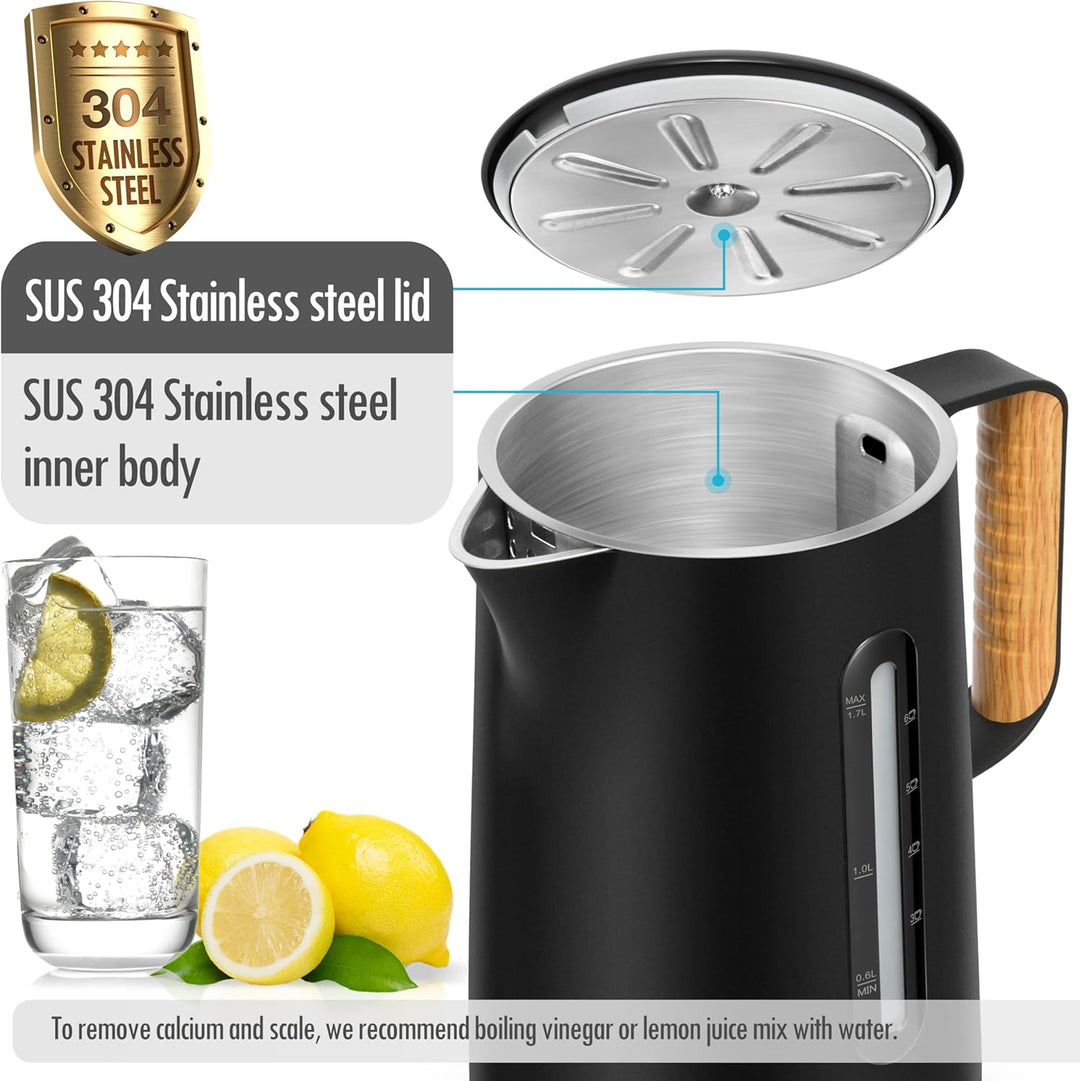 ForMe Edelstahl Wasserkocher 1,7 L mit Abnehmbarer Deckel, Wasserstandsmarke, Doppelwandiger, Edelst