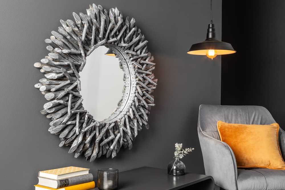 Invicta Interior Aussergewöhnlicher Teakholz Spiegel Riverside 80cm grau Treibholz Wandspiegel Rahme