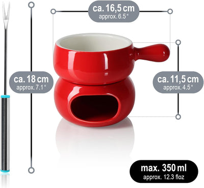 com-four® Schokoladen-Fondue-Set - Keramikschale mit Teelichthalter und 4 Gabeln - Schmelztopf für S