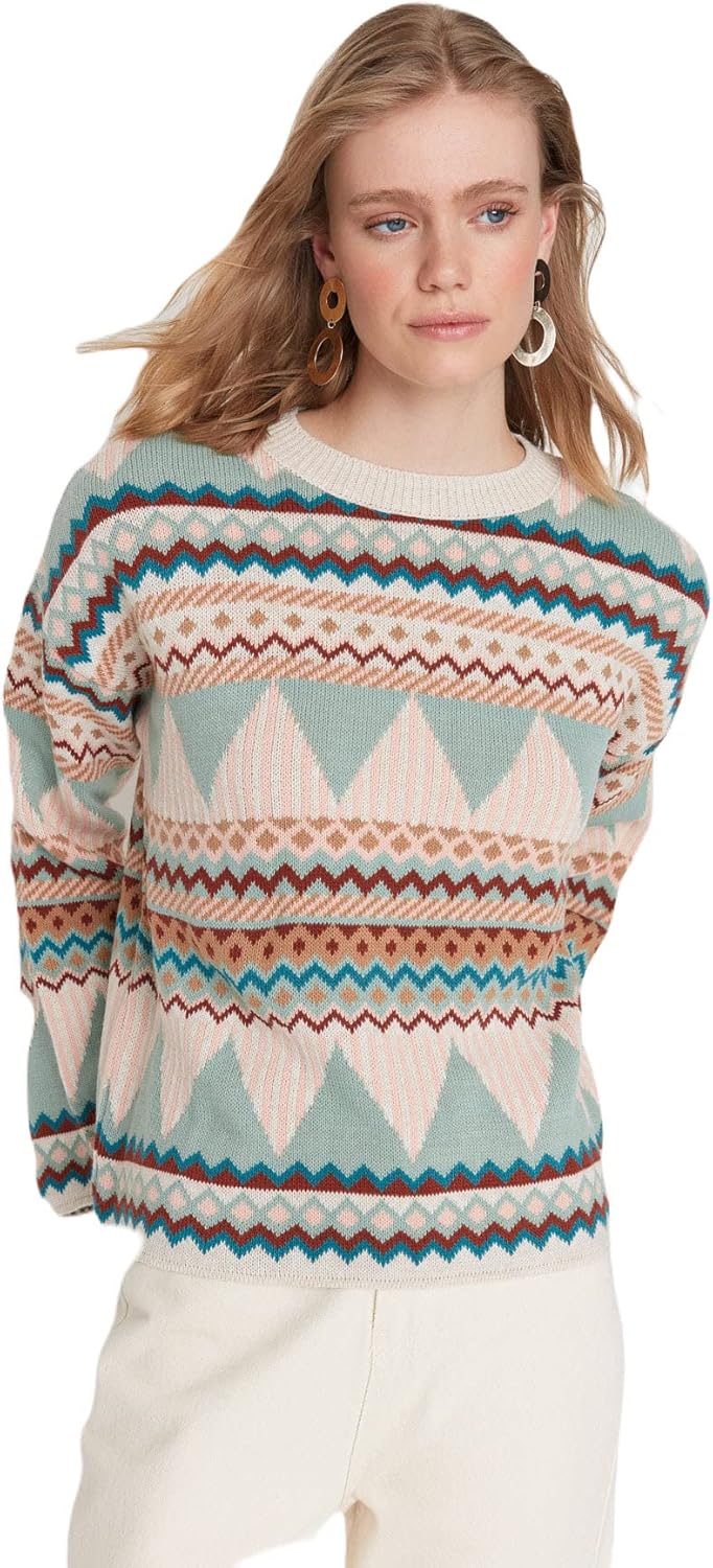 TRENDYOL Damen Jacquard-Pullover mit Rundhalsausschnitt, Regulärer Schnitt Sweatshirt, Minze