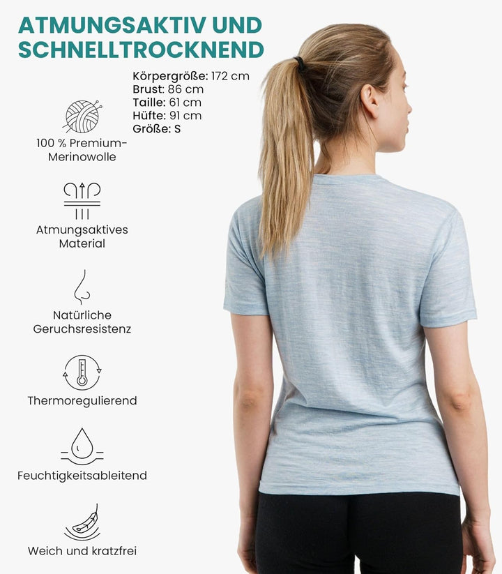 Merino.tech 100% Merino T Shirt Damen - Merinowolle Sport Wandern Thermoshirt Damen + Wandersocken A