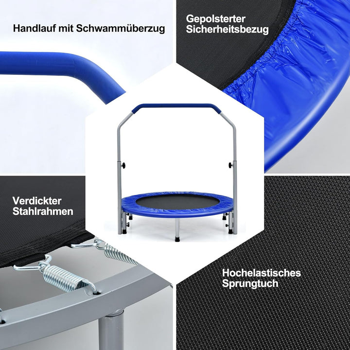 GOPLUS Fitnesstrampolin Indoor, φ101cm Mini Trampolin mit höhenverstellbarer Haltegriff, klappbares