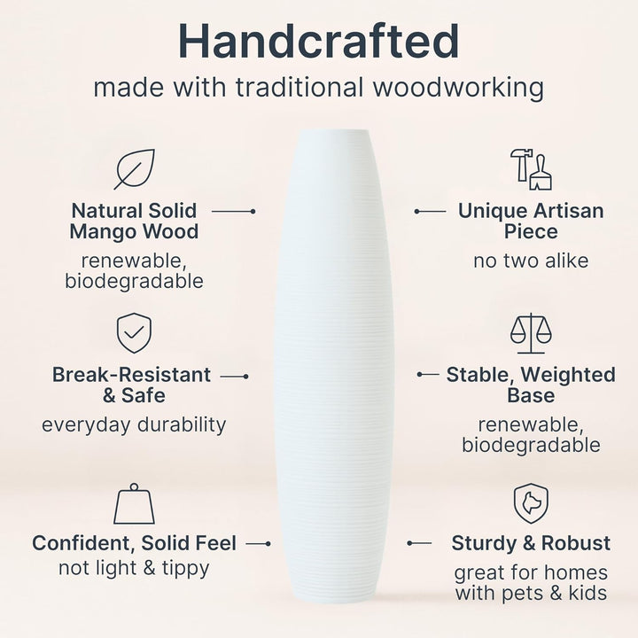 Leewadee Grosse Bodenvase für Dekozweige hohe Standvase Design Holzvase, Holz, 90 cm, Weiss 90 cm We