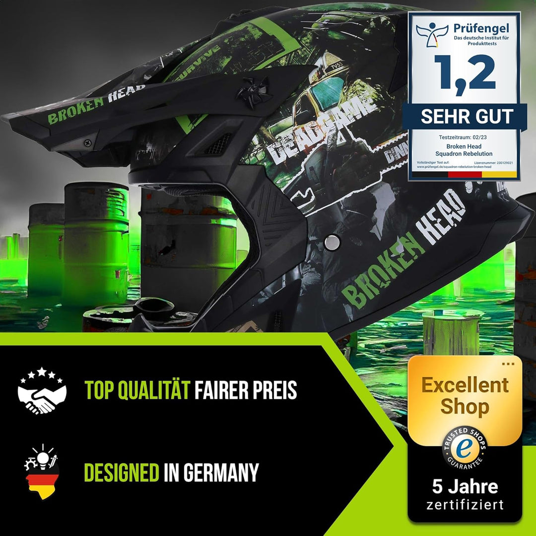 Broken Head Motocross-Helm Resolution - MX-Helm - Supermotohelm L (59-60 cm) Schwarz-Grün, L (59-60