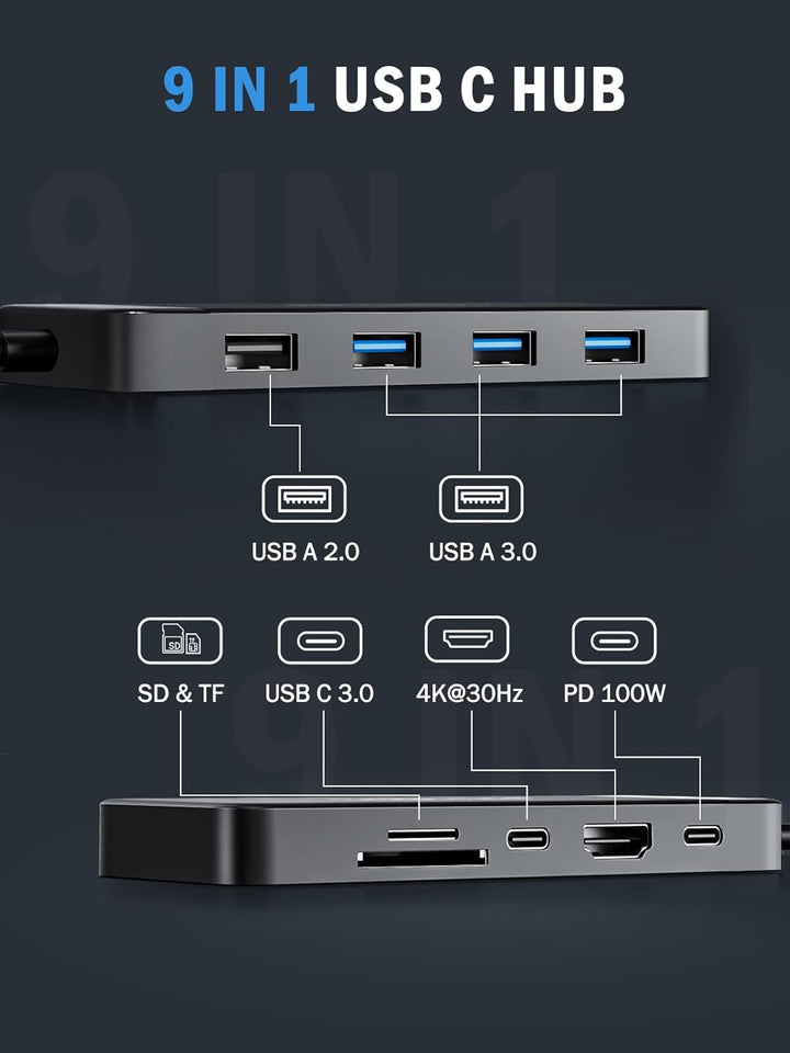 Lemorele USB C Hub -Docking Station 10 in 1, USB C Adapter mit 4K HDMI, 3 USB-A 3.0, 100W PD, Daten