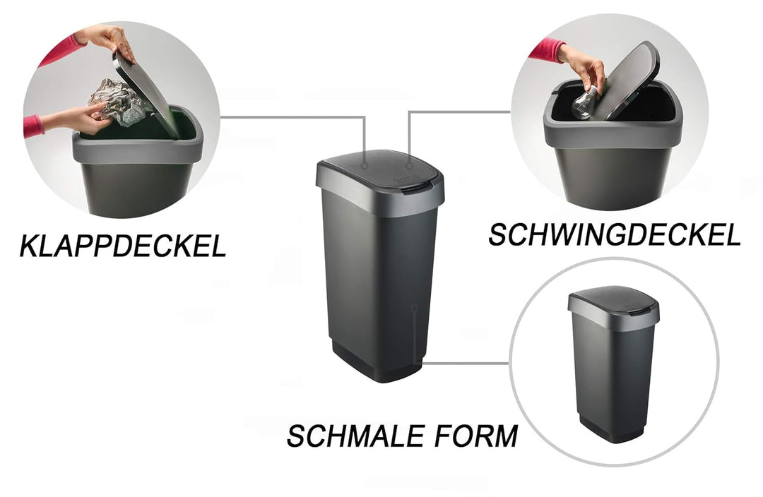 Rotho Twist Mülleimer 50l mit Deckel, als Schwing oder Klappdeckel nutzbar, Kunststoff (PP) BPA-frei