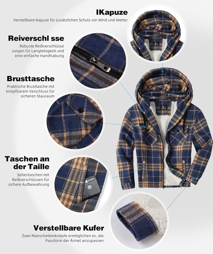 JACKETOWN Hemdjacke Kariertes Herren hoodies Flanelljacke Warm Thermohemd Herren Holzfäller Jacke Ve