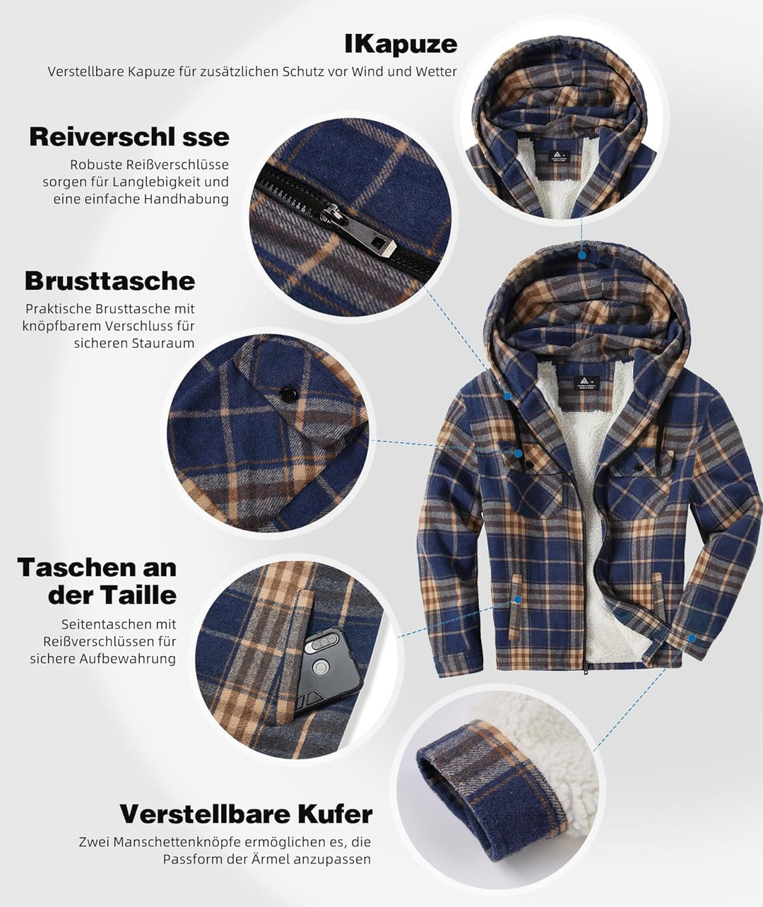 JACKETOWN Hemdjacke Kariertes Herren hoodies Flanelljacke Warm Thermohemd Herren Holzfäller Jacke Ve