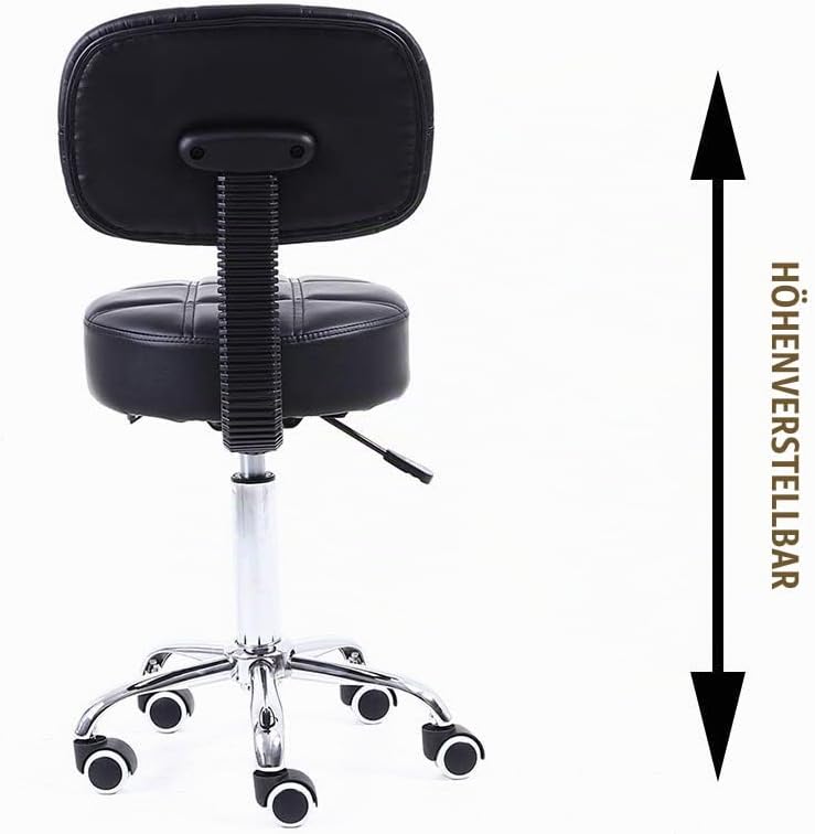 KKTONER Rollhocker mit Rückenlehne Höhenverstellbarer 50-64cm Schwarz | 360° drehbar Salon Hocker PU