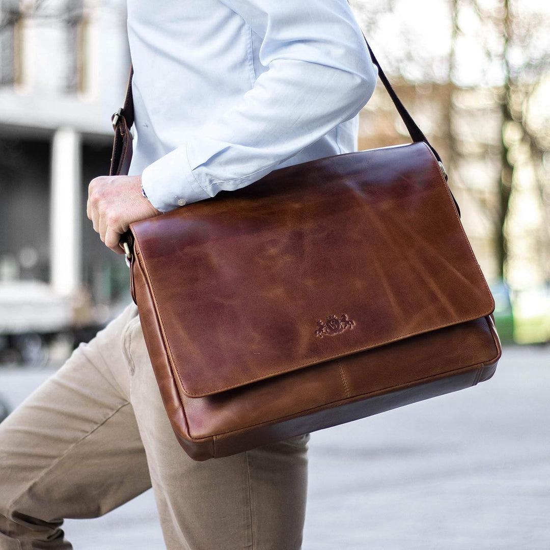 SID & VAIN® Messenger Bag Eton - Unisex Umhängetasche XL gross Ledertasche fit 15.4 Zoll Laptop mit