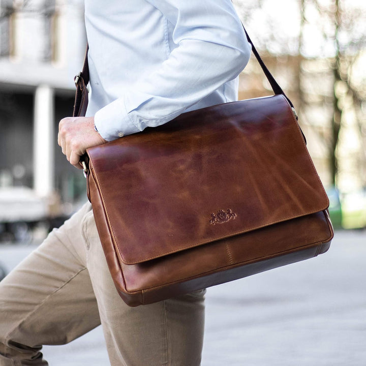 SID & VAIN® Messenger Bag Eton - Unisex Umhängetasche XL gross Ledertasche fit 15.4 Zoll Laptop mit