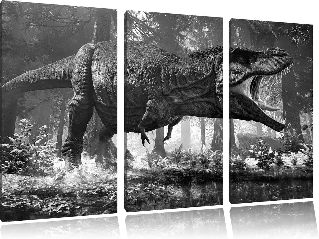 Pixxprint T-Rex Dinosaurier im Wald Kunst B&W 3-Teiler Leinwandbild 120x80 Bild auf Leinwand