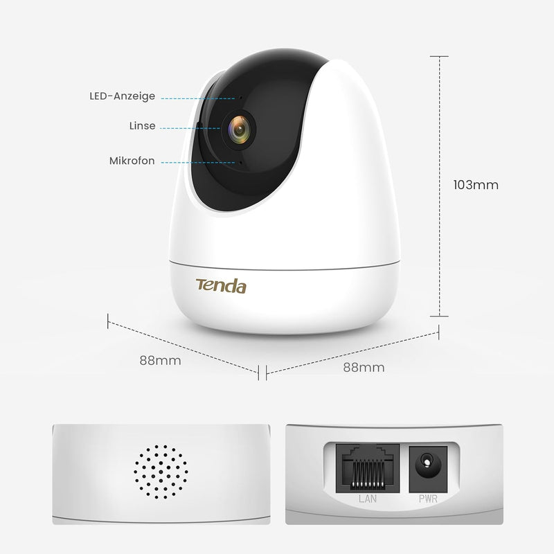 Tenda 2K+ 4MP Überwachungskamera Innen 360° schwenkbare IP Kamera mit 2-Wege-Audio, 2560 x 1440p Auf