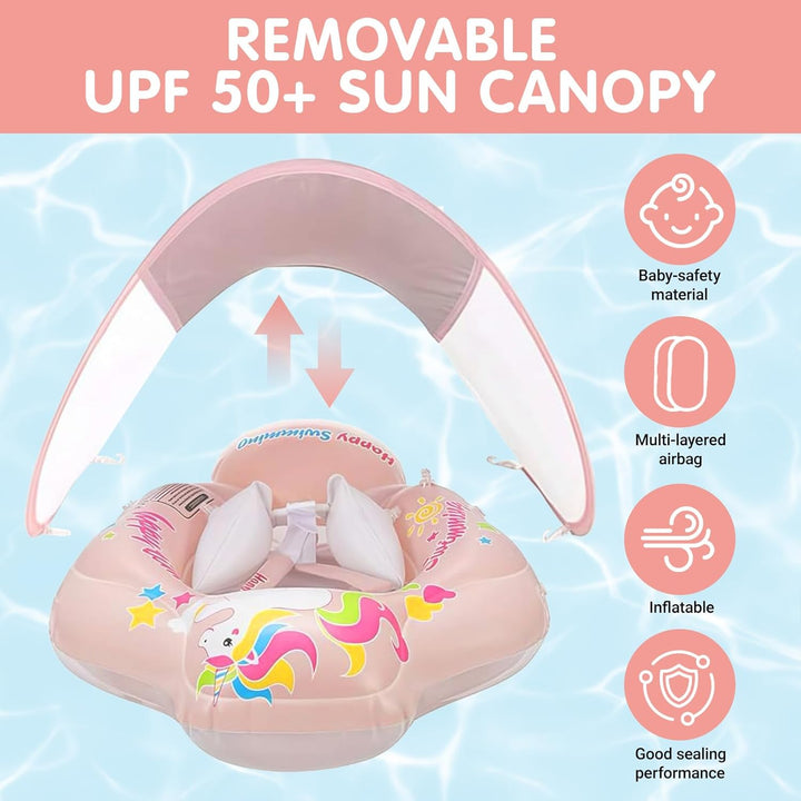 Aufblasbarer Baby Schwimmring, Swimming Float mit Baldachin und Sicherheitssitz, Niedliches Rosa Pfe