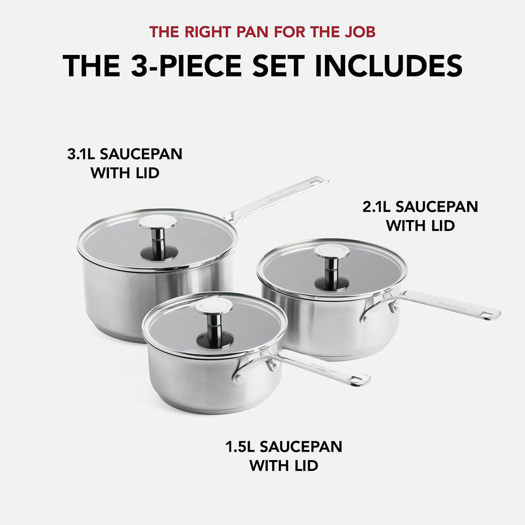 KitchenAid Stainless Steel Stielkasserollen-Set (16cm, 18cm & 20cm), PFAS-freie keramische Antihaftb