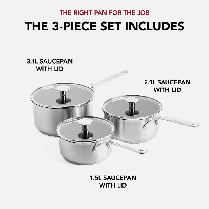 KitchenAid Stainless Steel Stielkasserollen-Set (16cm, 18cm & 20cm), PFAS-freie keramische Antihaftb