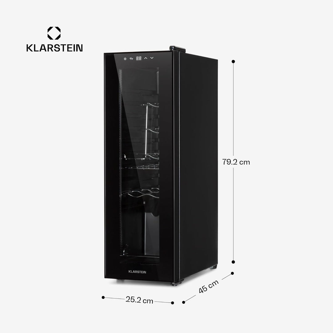 Klarstein Shiraz Weinkühlschrank Schwarz – 12 Flaschen, 32 L, 1 Zone | Getränkekühlschrank mit Glast
