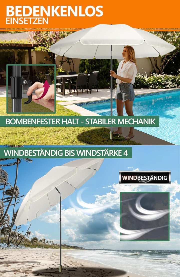 4smile SunnyJoy 3-IN-1 Set mit Sonnenschirm Strand in Beige - Strandschirm windfest stabil 180 cm mi