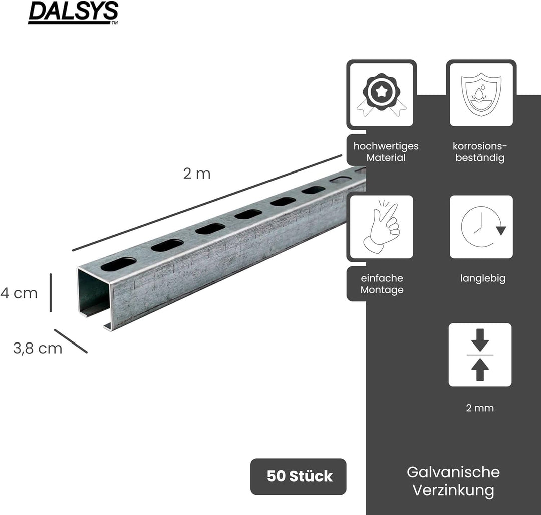 Dalsys Montageschiene 38/40, Schienenkonsole Silber 200cm, 50 Stück, Lochschiene, C-Profilschiene, U