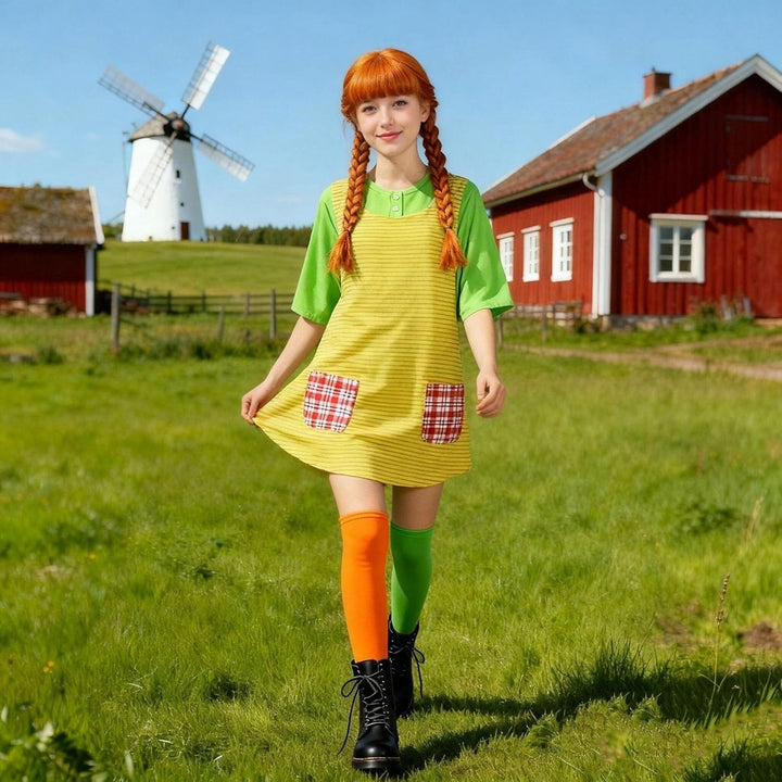 Fasching Kostüm Kinder Mädchen, Langstrumpf Cosplay Kostümset mit Langen Kindersocken XS #Z-damen 01