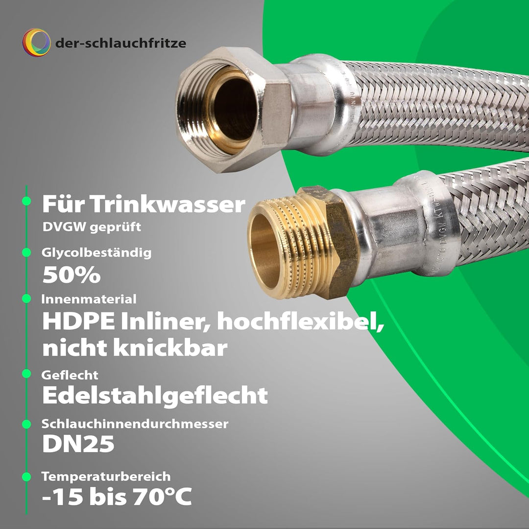 Flexschlauch 1 Zoll ÜM x 1 Zoll AG, hoch flexibler Panzerschlauch DN25 mit Trinkwasserzulassung 1,00