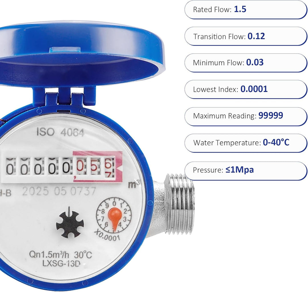 Wasserzähler Garten 1/2 Zoll – Digitaler Kaltwasserzähler mit Zeiger und Digitalanzeige, Kupfer, Was