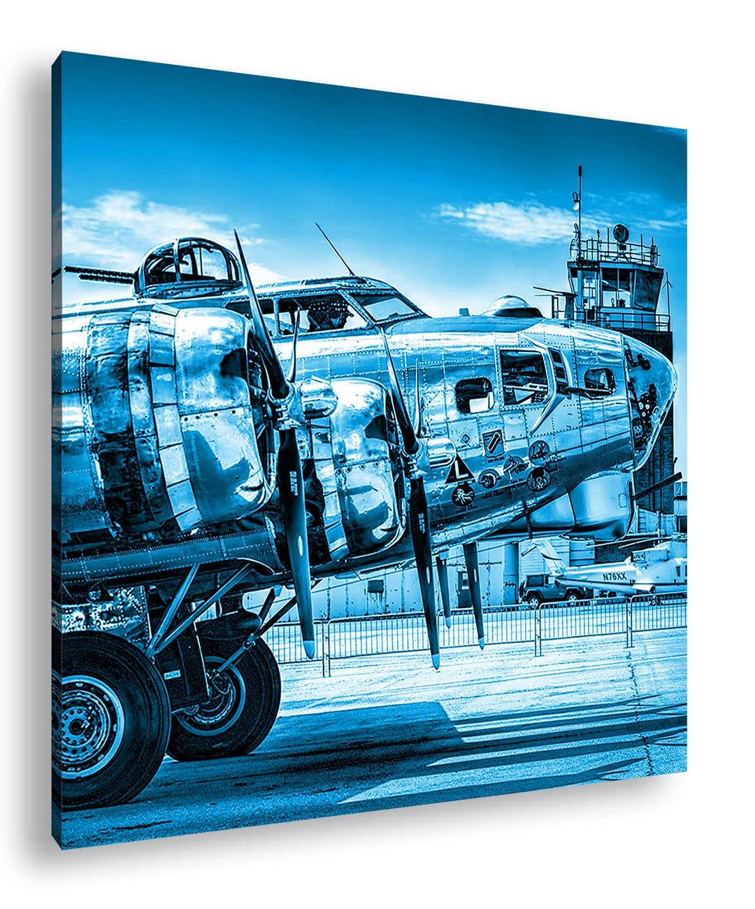 deyoli Silbernes Militär Flugzeug Format: 70x70 Effekt: Monocrome Blau als Leinwandbild, Motiv ferti