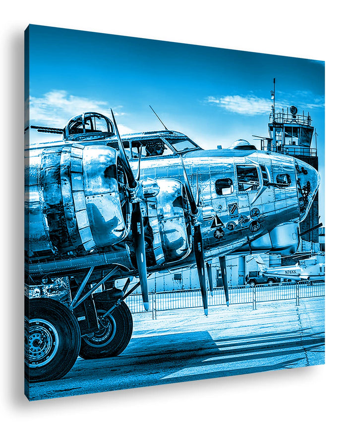 deyoli Silbernes Militär Flugzeug Format: 70x70 Effekt: Monocrome Blau als Leinwandbild, Motiv ferti