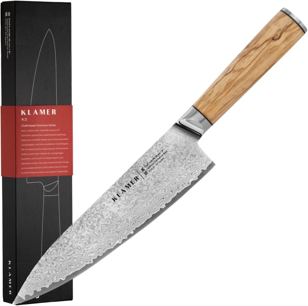 KLAMER Damast Chefmesser 20cm, extra scharfes Küchenmesser, echter japanischer Damaststahl, Fleischm