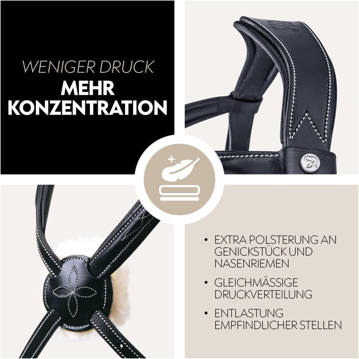 SUNRIDE mexikanische Trense Acapulco mit Zügel - aus Echtleder mit Fell, gepolstert, anatomisch (Ful