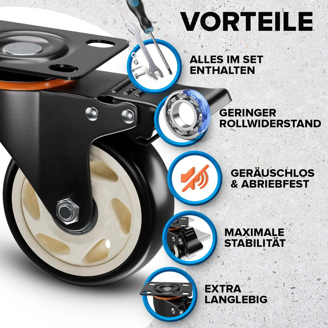 PEARWAY™ Premium Lenkrollen 100mm mit Bremse [4x gesamt 600kg] inkl. Montagezubehör I Robuste Transp