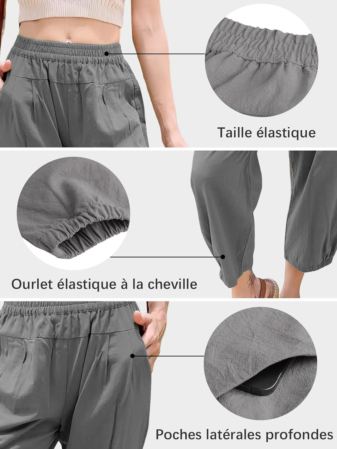 Les umes Damen Baumwolle Capri Casual Hose Elastische Taille Sommer Hose Haremhose mit Grau XXL, Gra