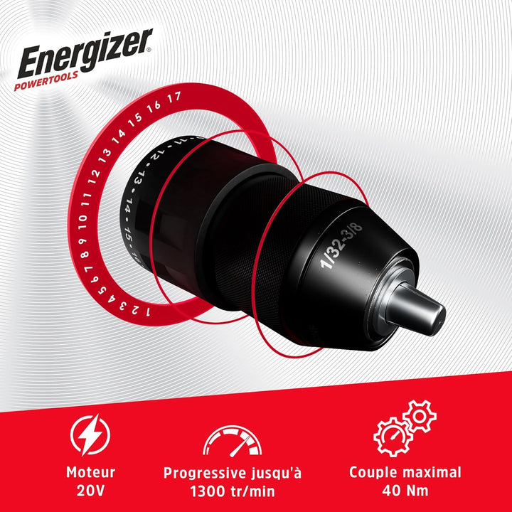 Energizer – Akku-Bohrschrauber 20V, ultraleicht, Drehmoment 40 Nm, 2 Geschwindigkeiten (1850 U/min),