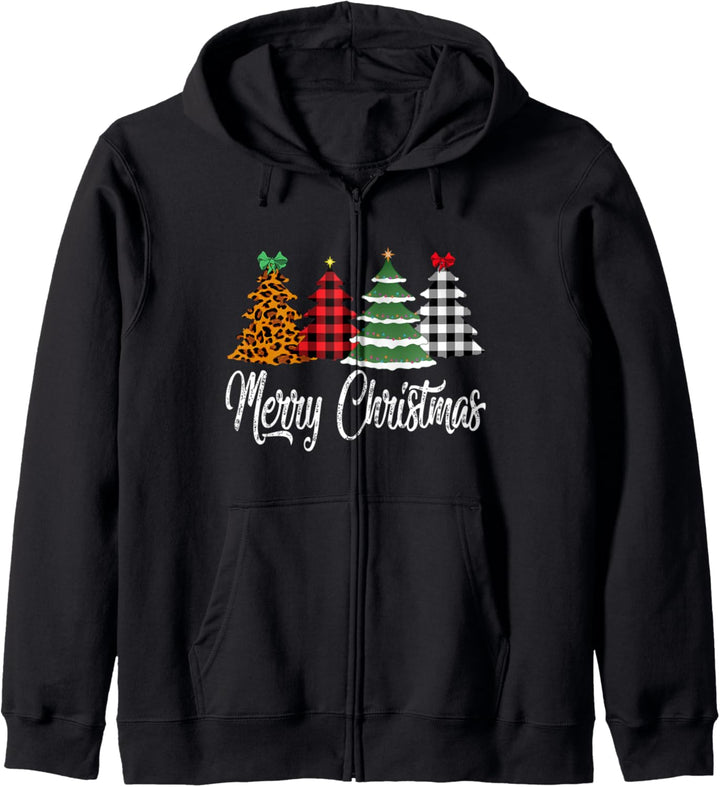 Merry Christmas Trees Buffalo Plaid Leopard Cheetah Print Kapuzenjacke