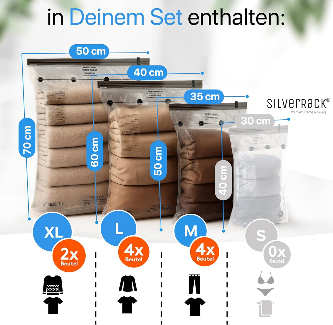 SilverRack Vakuumbeutel für Kleidung Reise zum Rollen [10 Stück] in (4x 35x50 cm / 4x 40x60 cm / 2x