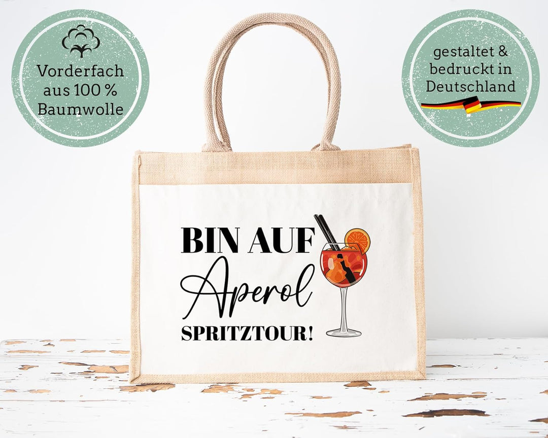 LIEBTASTISCH - Nachhaltige Jutetasche - Ich bin auf Aperol Spritz Tour - hochwertig - Einkaufstasche