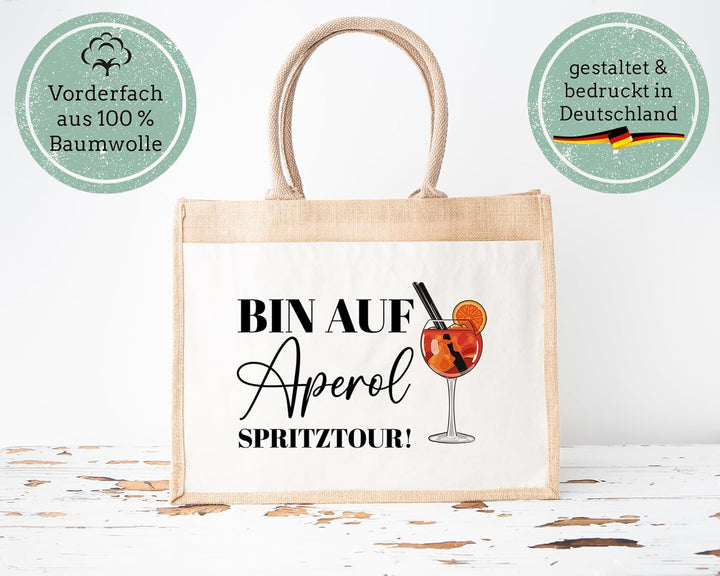 LIEBTASTISCH - Nachhaltige Jutetasche - Ich bin auf Aperol Spritz Tour - hochwertig - Einkaufstasche