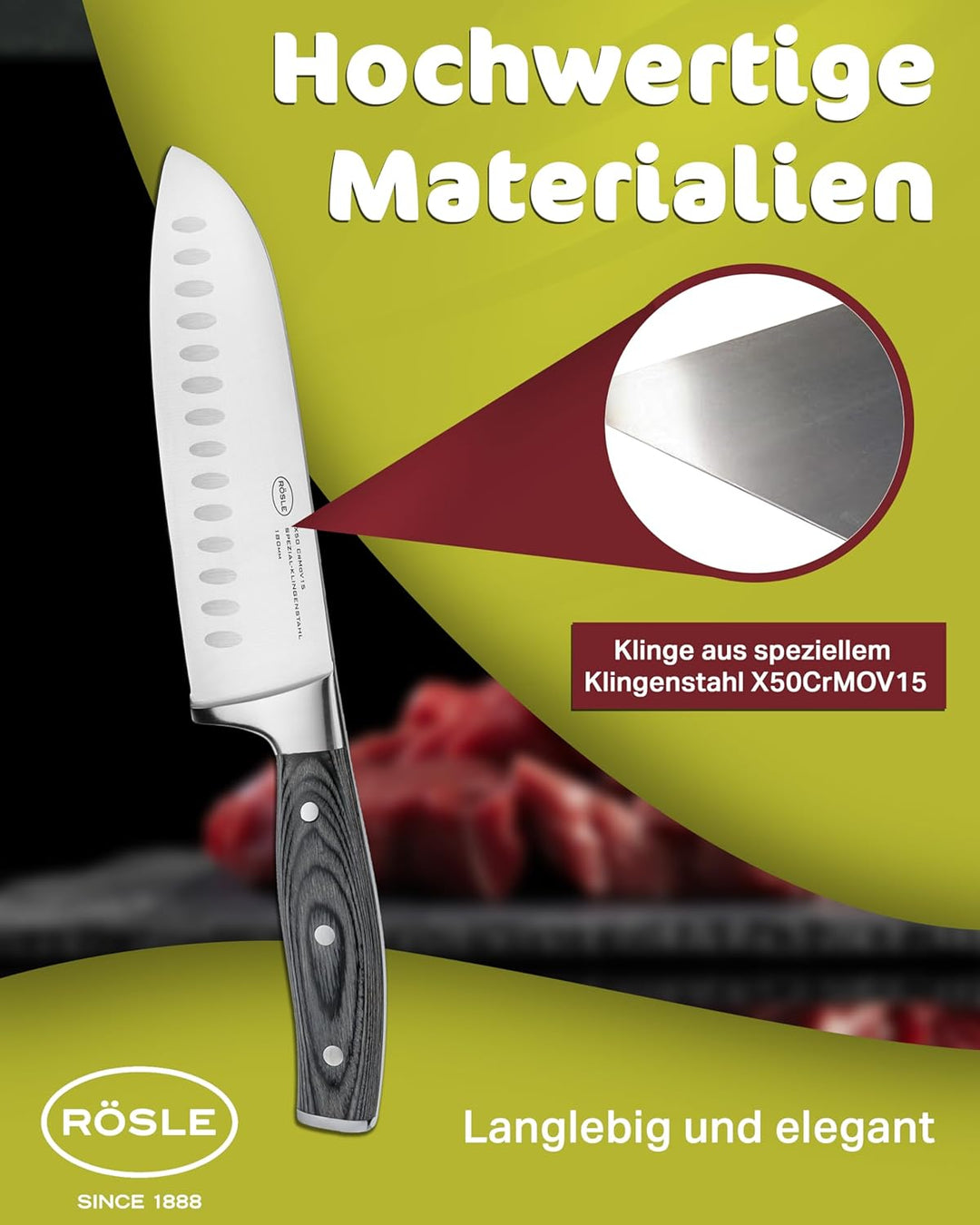 RÖSLE Santokumesser WOLFGREY 17,5 cm – Scharfes Küchenmesser & Kochmesser mit Kullenschliff – Santok
