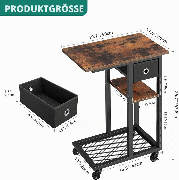 YITAHOME Beistelltisch, C-Form Sofatisch mit Rollen und Schublade，Wohnzimmertisch für Kaffee und Lap