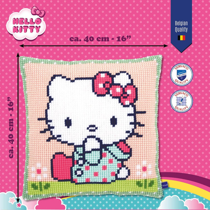 Vervaco Wiese Kreuzstichkissen/Stickkissen vorgedruckt, Baumwolle, Hello Kitty: On The Lawn, 40 x 40