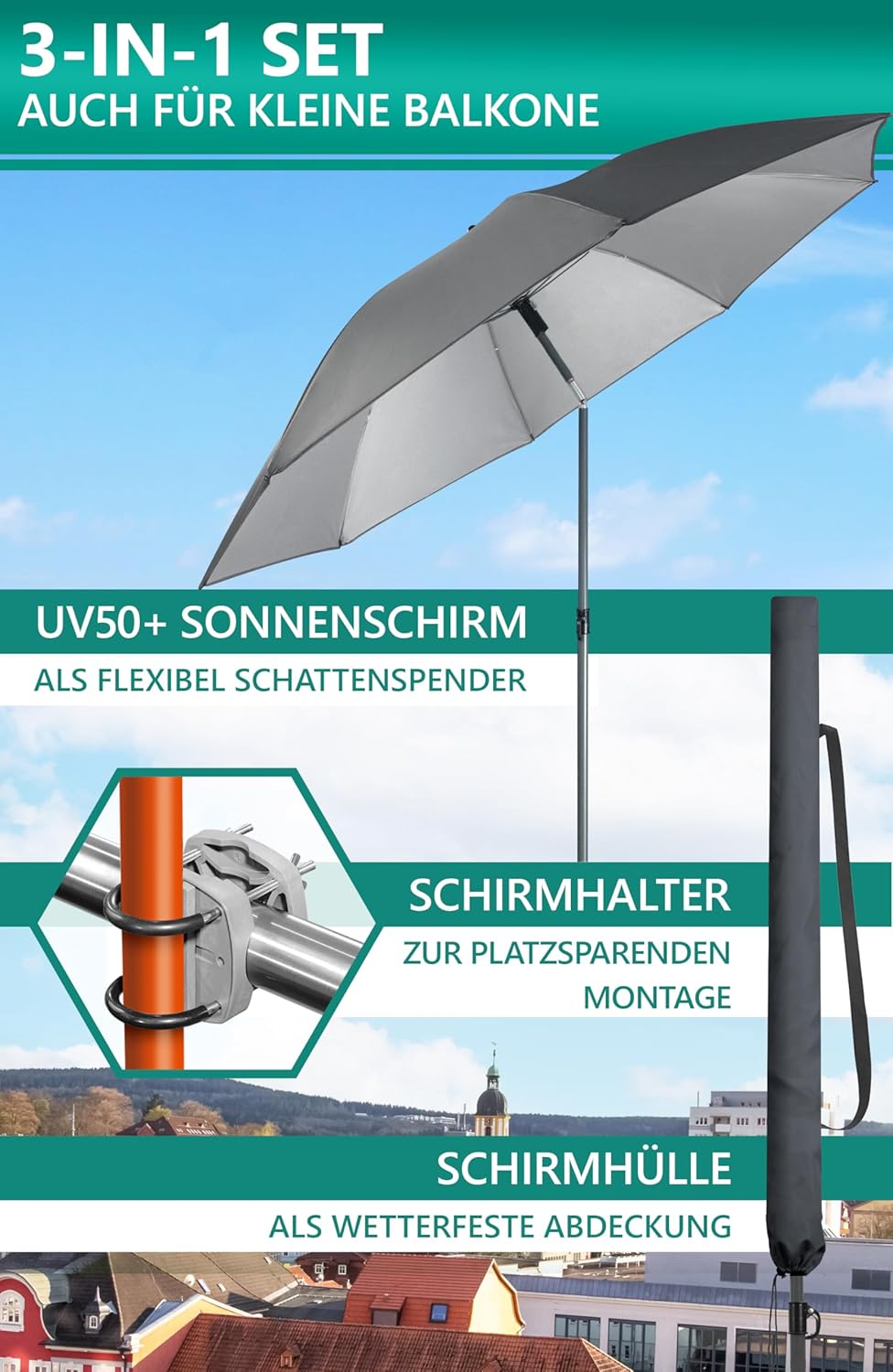 4smile Sonnenschirm Balkon SunnyJoy Ø 180 cm, 3-IN-1 Set - UPF 50+ Balkon Schirm + Sonnenschirmhalte