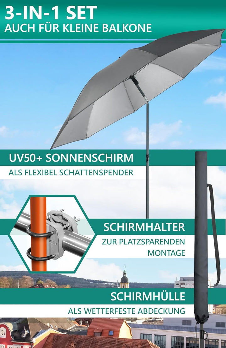4smile Sonnenschirm Balkon SunnyJoy Ø 180 cm, 3-IN-1 Set - UPF 50+ Balkon Schirm + Sonnenschirmhalte