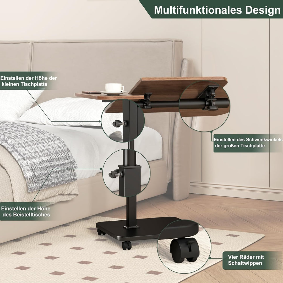 Beistelltisch mit Rollen Höhenverstellbar, Holz Couch Beistelltische c Form 360° Rotierend, Top Kipp