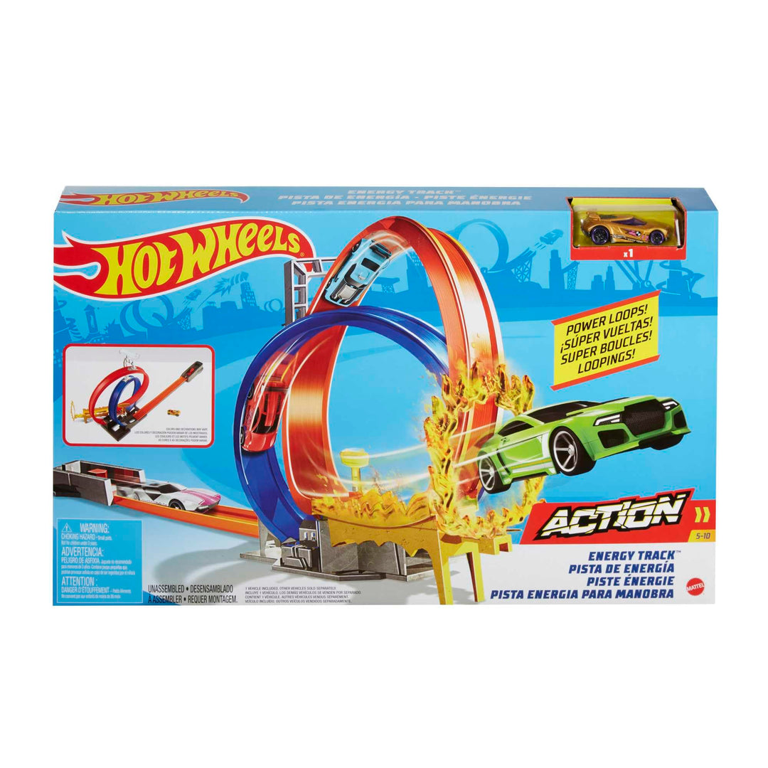 Hot Wheels GND92 - Energy Trackset mit zweifachem Looping und 1 Hot Wheels Fahrzeug, Autorennbahn, t